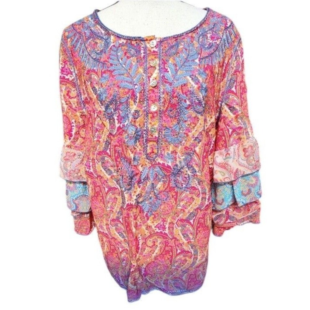 John Mark Size Large Ruffle Sleeve Embroidered Paisley Print Tiered Blouse